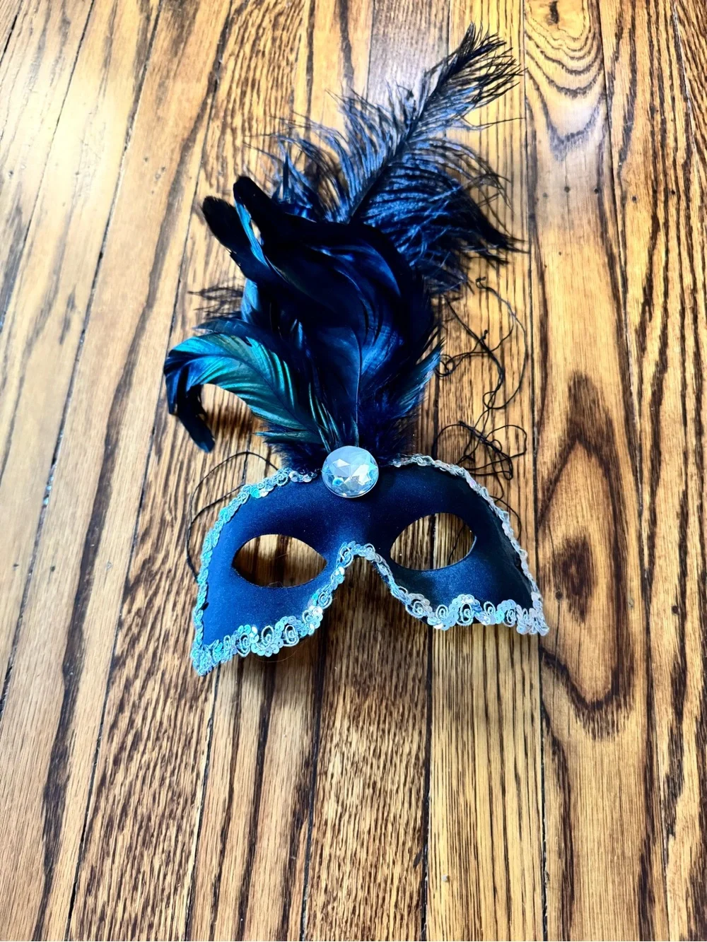 Black Feathered Masquerade Mask with Crystal Accent